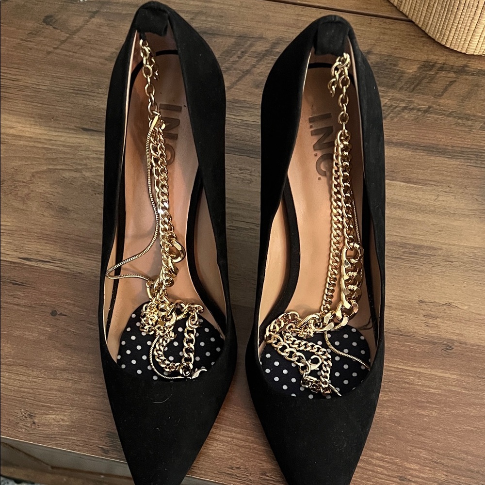 INC International Concepts Black Heels with Gold Chain Accent